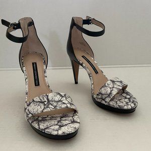 New French Connection Black & White Floral Print Strap High Heel Platform Sandal